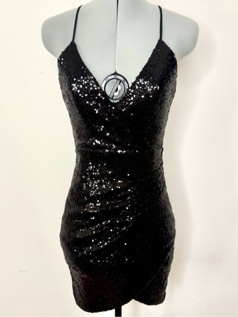 NWOT Black Sequin Strappy V Neck Bodycon Mini Dress S